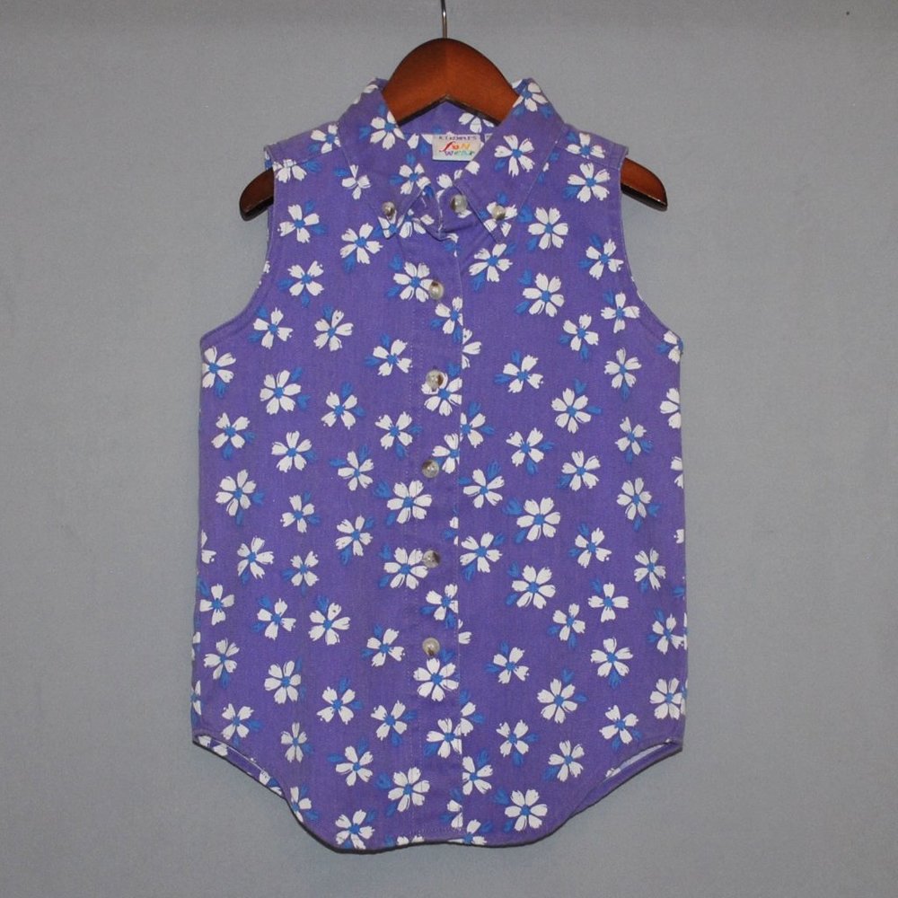Vintage Girls Shirt Size 5 Floral Print Sleeveless Button Down Summer Top